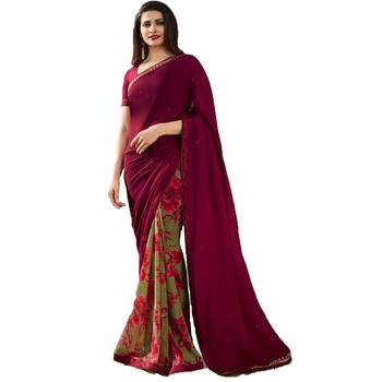 maroon printed georgette saree with blouse 1