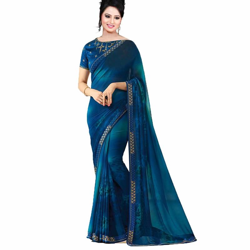 blue printed silk blend saree with blouse
