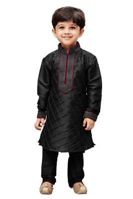 Boys Black Silk Blend Kurta Pyjama Set 1