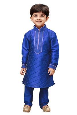 Blue Solid Cotton Silk Boys Kurta Pyjama 1