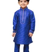 Blue Solid Cotton Silk Boys Kurta Pyjama