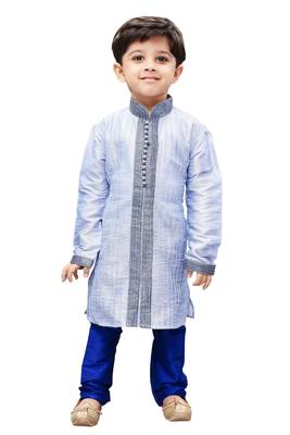 Blue Embroidered Cotton Silk Boys Kurta Pyjama 1