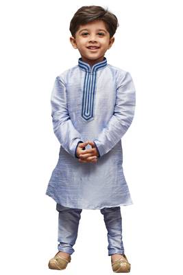 Blue Solid Cotton Silk Boys Kurta Pyjama 1