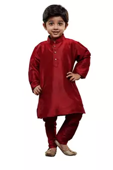 Maroon Solid Cotton Silk Boys Kurta Pyjama