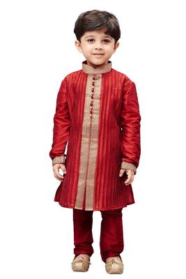 Maroon Embroidered Cotton Silk Boys Kurta Pyjama 1