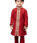 Maroon Embroidered Cotton Silk Boys Kurta Pyjama