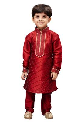 Maroon Embroidered Cotton Silk Boys Kurta Pyjama 1