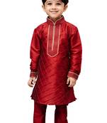 Maroon Embroidered Cotton Silk Boys Kurta Pyjama