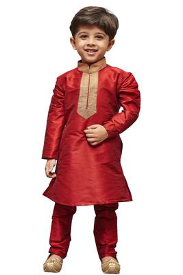 Maroon Embroidered Cotton Silk Boys Kurta Pyjama 1