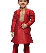 Maroon Embroidered Cotton Silk Boys Kurta Pyjama