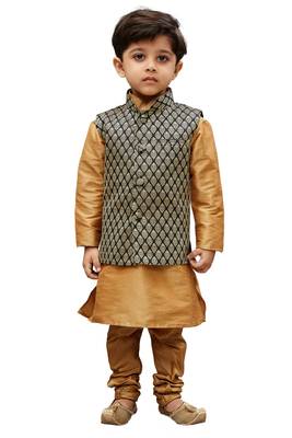  Rose Gold Silk Blend Jacket, Kurta And Pyjama Set 1
