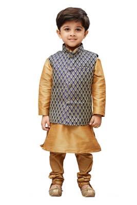  Rose Gold Silk Blend Jacket, Kurta And Pyjama Set 1