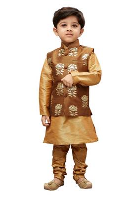  Rose Gold Silk Blend Jacket, Kurta And Pyjama Set 1