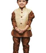 Brown Embroidered Cotton Silk Boys Kurta Pyjama