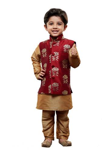 Boys Rose Gold Silk Blend Jacket, Kurta And Pyjama Set