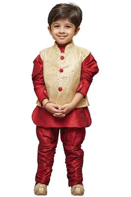 Maroon Embroidered Cotton Silk Boys Kurta Pyjama 1