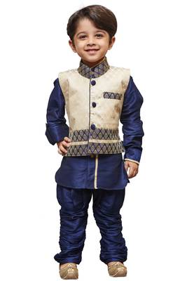 Blue Embroidered Cotton Silk Boys Kurta Pyjama 1