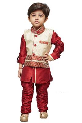 Maroon Embroidered Cotton Silk Boys Kurta Pyjama 1