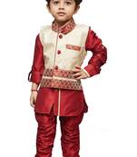 Maroon Embroidered Cotton Silk Boys Kurta Pyjama