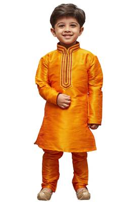 Orange Embroidered Cotton Silk Boys Kurta Pyjama 1