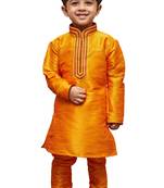 Orange Embroidered Cotton Silk Boys Kurta Pyjama