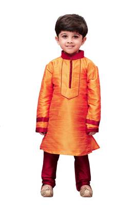 Orange Embroidered Cotton Silk Boys Kurta Pyjama 1