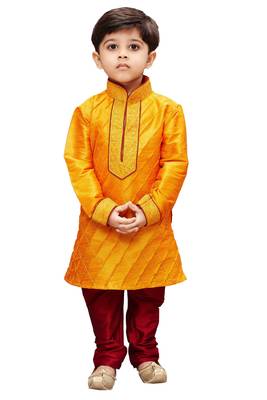Boys Saffron Silk Blend Kurta Pyjama Set 1
