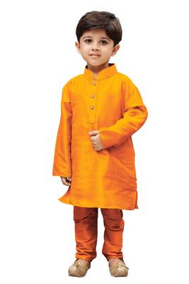 Boys Saffron Silk Blend Kurta Pyjama Set 1