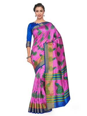 Pink Printed Raw Silk Saree With Blouse 1