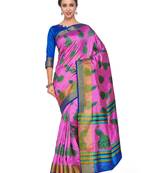 Pink Printed Raw Silk Saree With Blouse