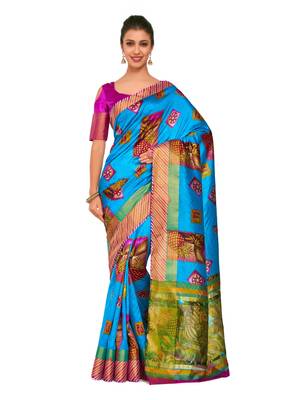 Turquoise Printed Raw Silk Saree With Blouse 1