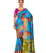 Turquoise Printed Raw Silk Saree With Blouse