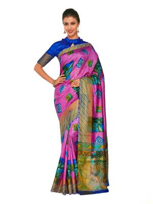 Pink Printed Raw Silk Saree With Blouse 1