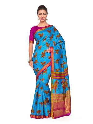 Turquoise Printed Raw Silk Saree With Blouse 1