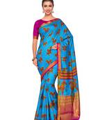 Turquoise Printed Raw Silk Saree With Blouse