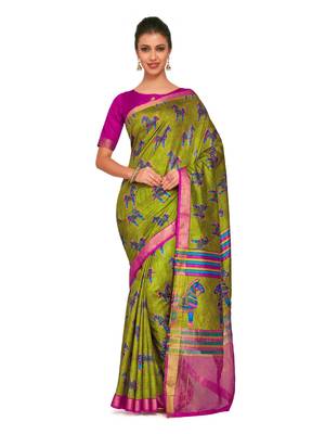 Green printed raw silk saree with blouse 1