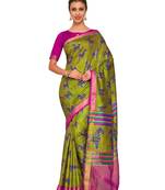 Green printed raw silk saree with blouse
