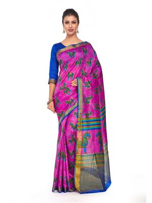 Pink Printed Raw Silk Saree With Blouse 1
