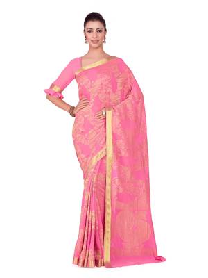 Pink Woven Chiffon Saree With Blouse 1