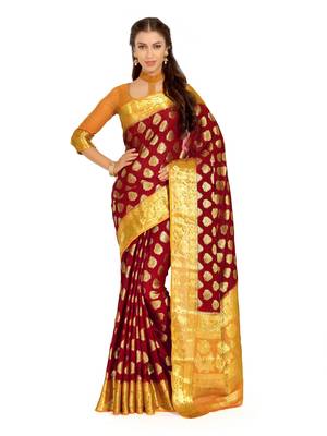 Red Woven Chiffon Saree With Blouse 1