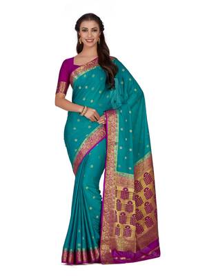 Blue woven crepe saree with blouse 1