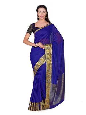 Blue woven chiffon saree with blouse 1