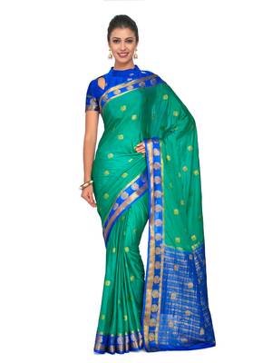 Green woven crepe saree with blouse 1