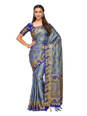 Blue woven art silk saree with blouse 1