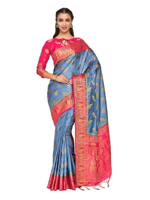 Blue woven art silk saree with blouse 1