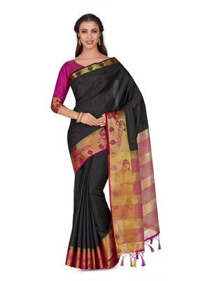 Black Woven Tussar Silk Saree With Blouse 1