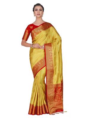 Yellow woven art silk saree with blouse 1