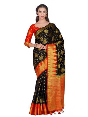 Black woven art silk saree with blouse 1