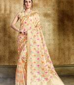 Cream Jacquard Nylon Organza Silk Kanchi Organza Silk Saree With Blouse Piece