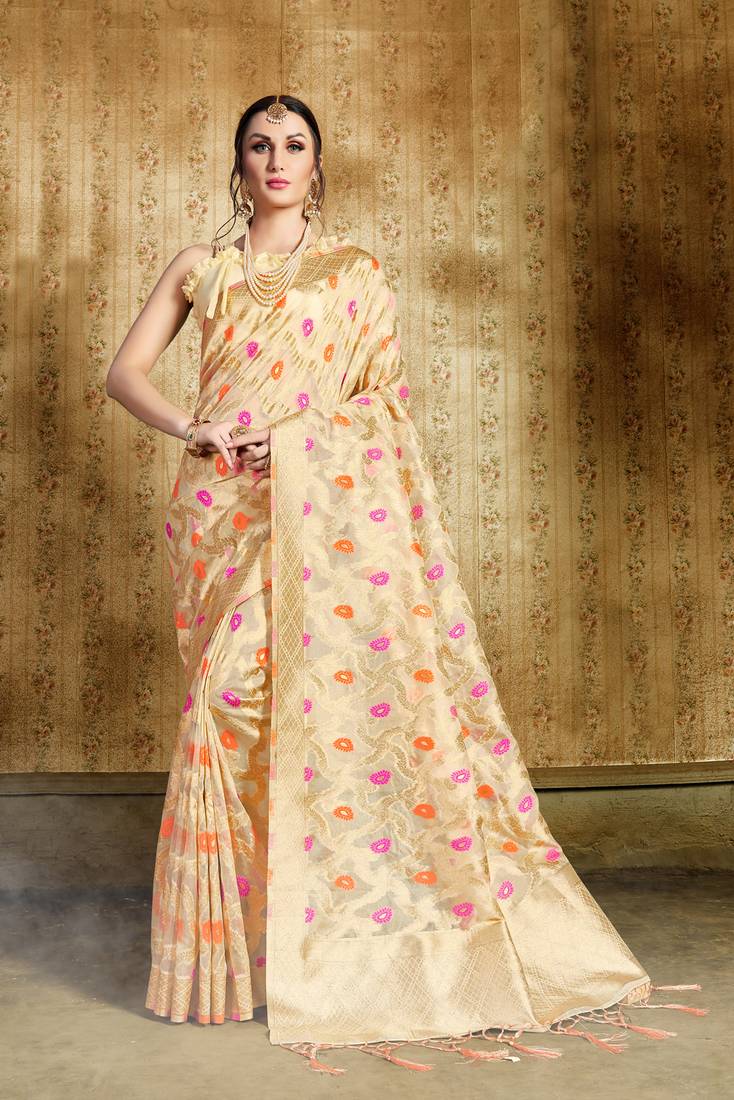 Cream Jacquard Nylon Organza Silk Kanchi Organza Silk Saree With Blouse Piece